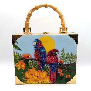 Braciano Tropical Parrots Macaws Lined Cigar Box Purse Beaded Sequins